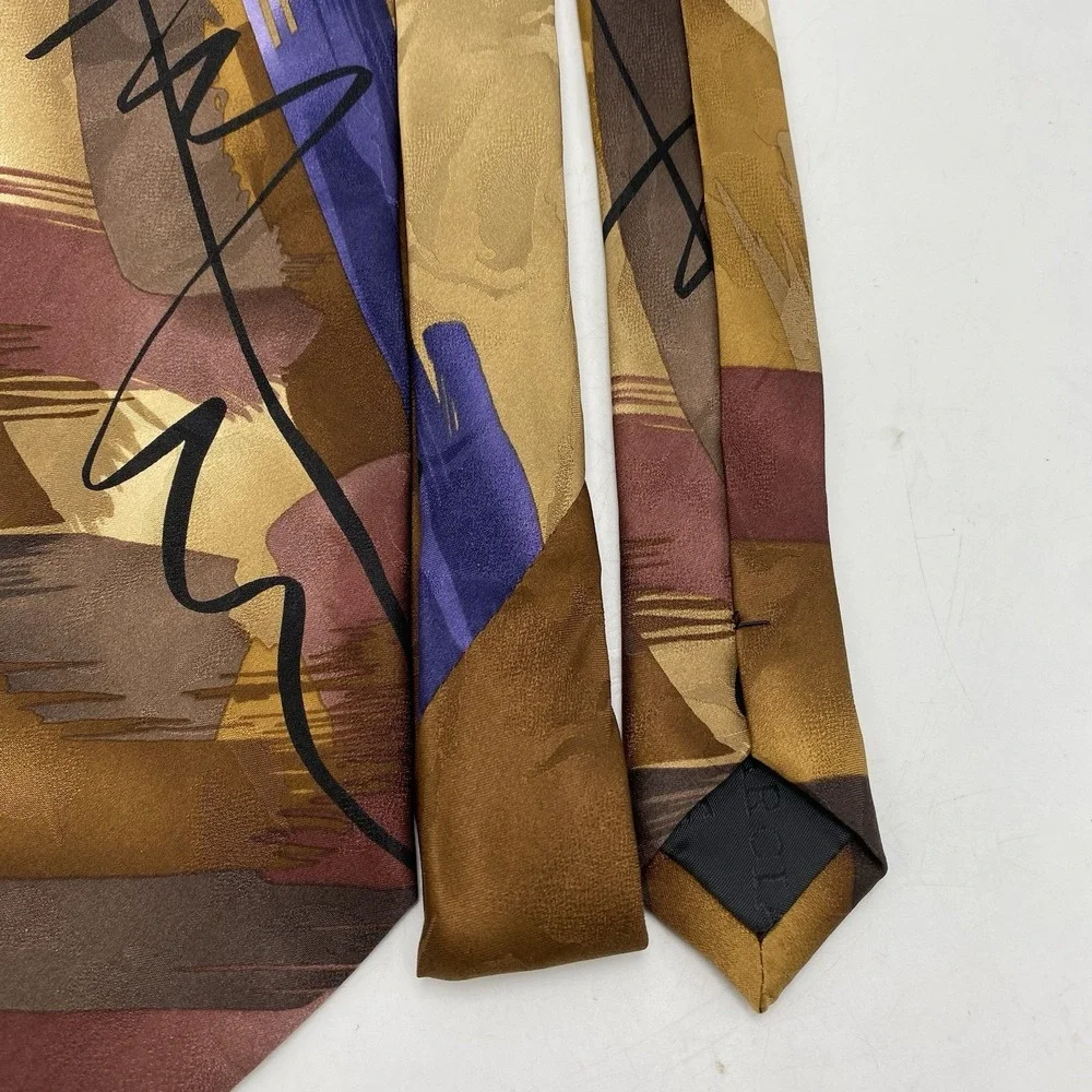 2003 J Garcia‎ Mens Satin 100% Silk Alligator Works Neck Tie Brown Red Gold